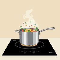 Cooking pot with colorful vegetables steaming on a modern stove in minimal art vector