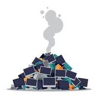 Pile of discarded computer monitors and electronic waste in flat art vector
