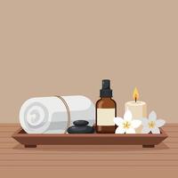 Spa essentials featuring rolled towel, aromatherapy spray, candle, and flowers in minimal art vector