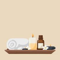 Spa essentials including a rolled towel, candles, and essential oils in minimal art vector