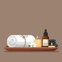 Spa essentials including rolled towel, aromatic candle, essential oil bottle, and smooth stones in flat art vector