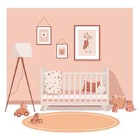 Cozy nursery setting with a crib, playful decor, and warm colors in minimal art vector