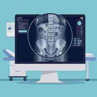 Medical examination room featuring a detailed computer monitor displaying an X-ray of a human pelvis in flat art vector