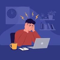 A man experiencing stress while working on a laptop in a minimal flat design illustration vector