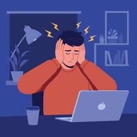 Frustrated man sitting at desk with laptop in flat, minimal art vector