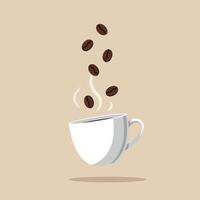 White coffee cup with floating coffee beans and steam in minimal art vector
