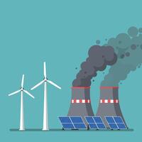 Wind turbines and smokestacks in a contrasting flat illustration depicting energy sources and environmental impact vector