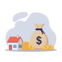 House and money bag with coins in flat design art vector