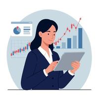 Professional woman analyzing data with tablet in a flat illustration vector