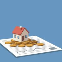 Small house model on financial document surrounded by coins in flat art vector