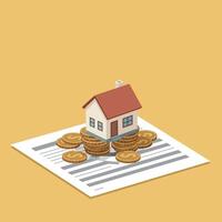 A small house model on financial documents surrounded by golden coins in flat art vector
