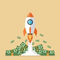 Rocket launching upwards surrounded by flying money in a flat illustration vector