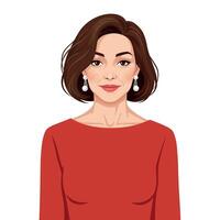 Woman with elegant hairstyle and red dress in flat art style showcasing confidence and poise in a minimalistic design art vector