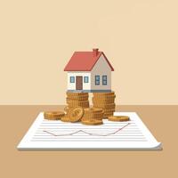 House model on stacks of coins with financial documents in flat art vector