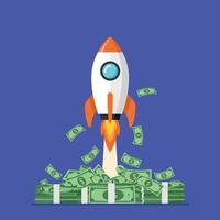 Rocket launching with money bundles, flat design style, representing financial growth and success in art vector