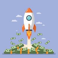 Rocket launching into the sky amidst stacks of cash in flat art vector