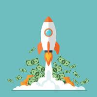 Rocket launching with money bills in a flat and vibrant illustration vector