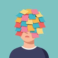 A person with colorful sticky notes covering their head in a flat and minimal design art vector