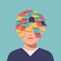 A young person with colorful sticky notes on their head in a flat illustration vector