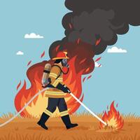 Firefighter in action battling flames in a flat illustration vector