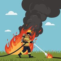 Firefighter in action battling flames with a hose in a vibrant flat illustration vector
