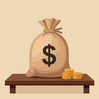 Money bag overflowing with coins on a wooden table in flat art vector