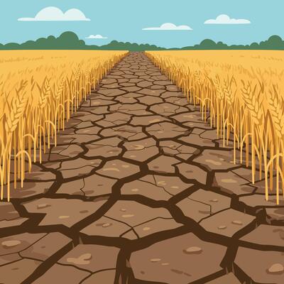 Dry cracked earth pathway through golden wheat fields in flat art
