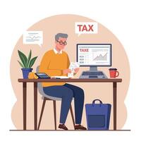 Man preparing tax documents at a desk with computer in flat illustration vector