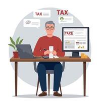 Elderly man managing tax documents at a desk with laptop and computer in flat art vector