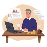 A man analyzing tax documents at a wooden desk in a minimal flat illustration vector