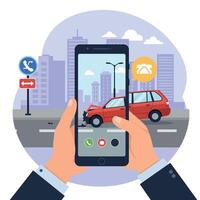 A person capturing a car accident scene using a smartphone in flat art vector