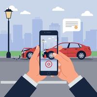 A person capturing a photo of a car accident with a smartphone in minimal art vector