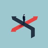 A businessman standing at a crossroads between red and black paths in flat art vector