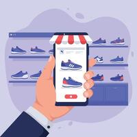 Hand holding smartphone displaying online shoe shopping interface in flat design art vector