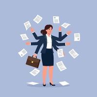 Businesswoman managing multiple tasks with papers swirling around in a flat illustration vector