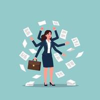 Businesswoman managing multiple tasks in a flat illustration with papers flying around her vector