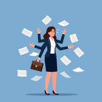 Businesswoman multitasking with papers and briefcase in a flat illustration vector