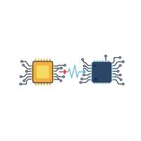 Two computer chips connected by a signal line in a flat illustration vector
