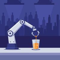 Robotic arm pouring orange drink into a glass in a dark bar setting, flat art vector