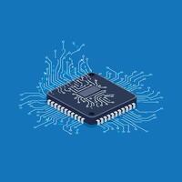 Computer chip with detailed circuit design in a flat style showcasing technology art vector