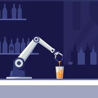 Robotic arm pouring a refreshing drink in a contemporary bar setting, flat illustration vector