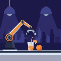 Robotic arm mixing a refreshing orange drink in a modern bar setting, flat illustration vector