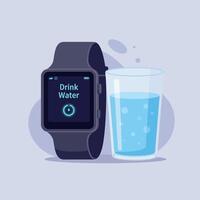Smartwatch displaying hydration reminder beside a glass of water in minimal illustration vector
