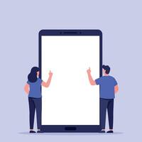 Two people interacting with a large smartphone screen in a flat illustration vector