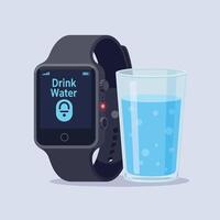 Smartwatch displaying reminder to drink water next to a glass of water in flat art vector