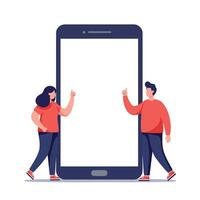 Two people interacting with a large smartphone in a flat design illustration vector