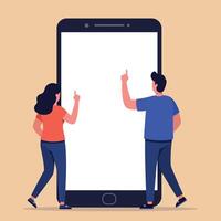 Two people interacting with a large smartphone in flat illustration style vector