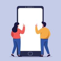Two people interacting with a large smartphone in a flat illustration vector