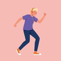 Young man jogging energetically in casual attire with headphones in flat art vector