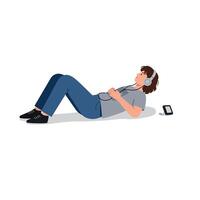 Young man listening to music while lying down in a relaxed pose, flat art vector